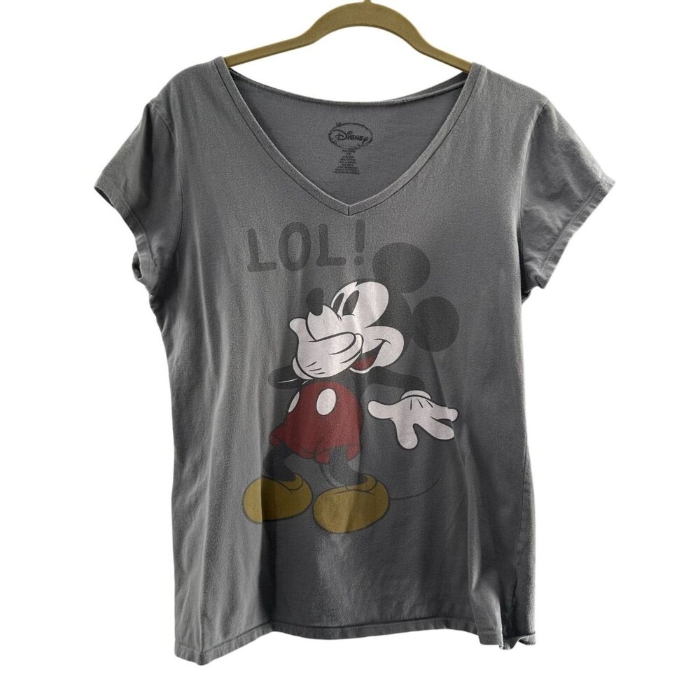 Disney Junior Mickey Mouse 18 Gray V-Neck T-Shirt LOL Print XXL Cotton Graphic‎